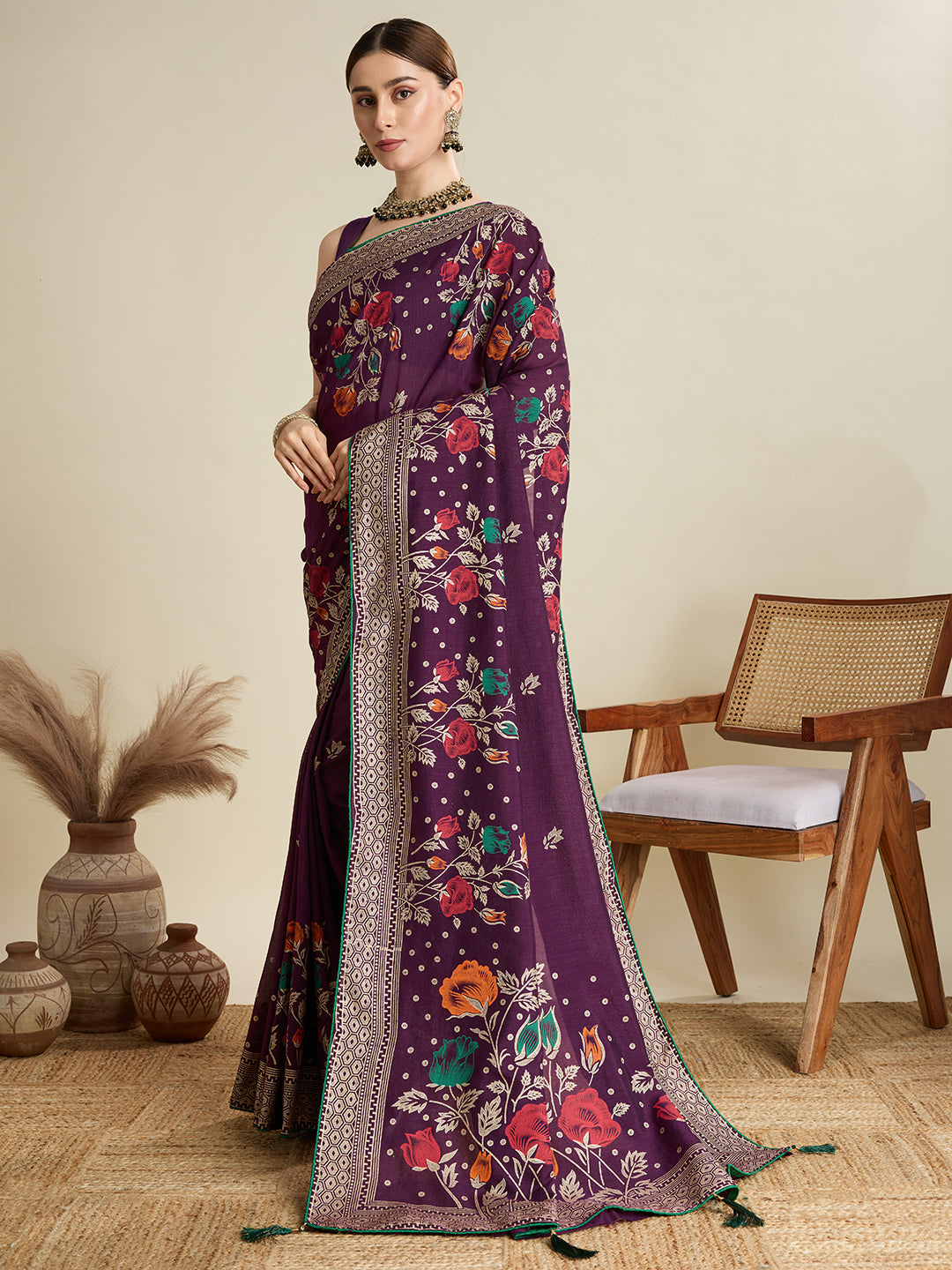Wine Cotton Saree With Table Printed And Foil Work With Pipeing Border