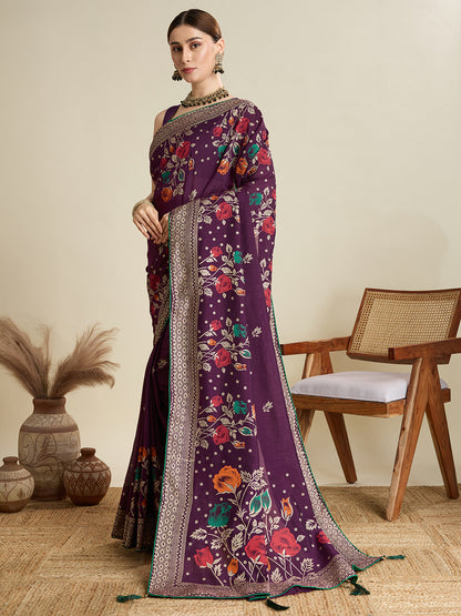 Wine Cotton Saree With Table Printed And Foil Work With Pipeing Border