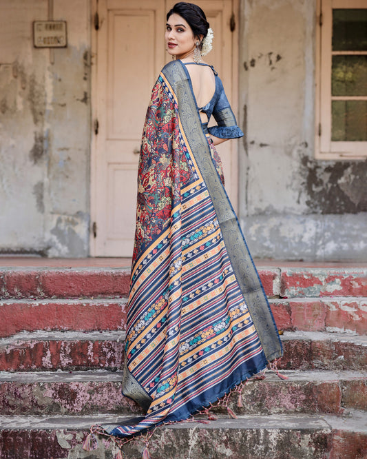 Multi Digital Kalamkari Printed Tussar Silk Saree With Zari Motif Border
