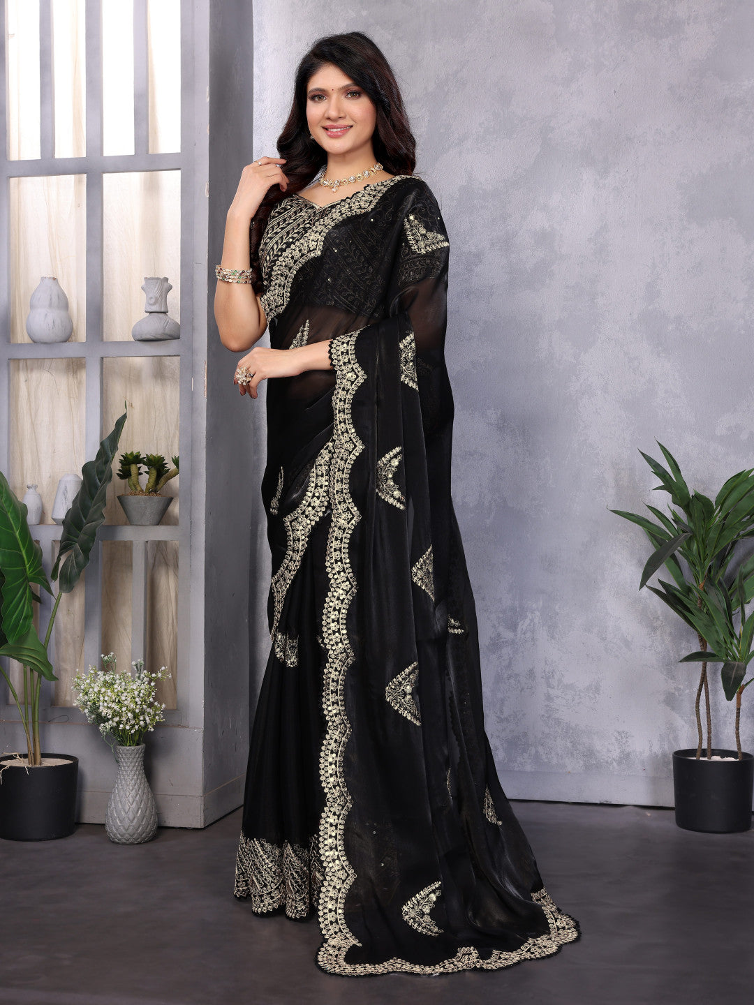 Black Fancy Shimmer Chiffon Saree With Embroidery Work
