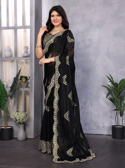 Black Fancy Shimmer Chiffon Saree With Embroidery Work
