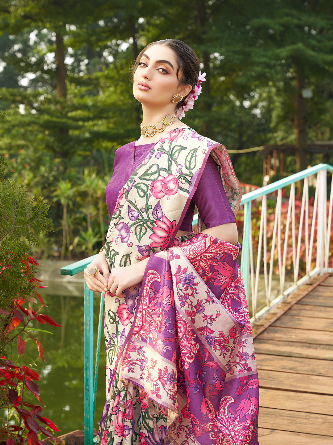 Magenta Kalamkari Printed Designer Tussar Silk Saree