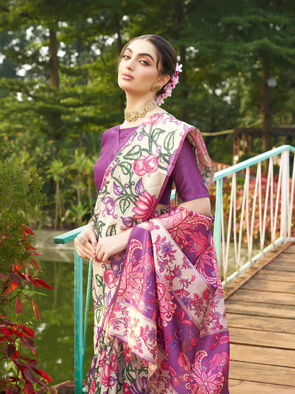 Magenta Kalamkari Printed Designer Tussar Silk Saree