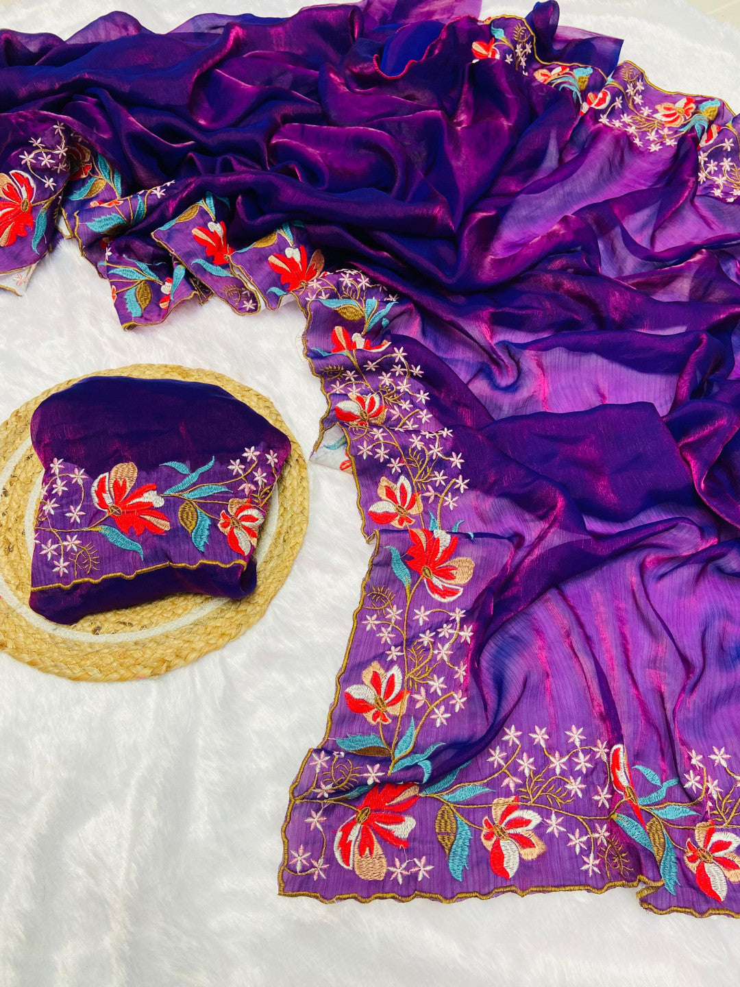 Purple Fancy Fandy Silk Saree With Embroidery Work