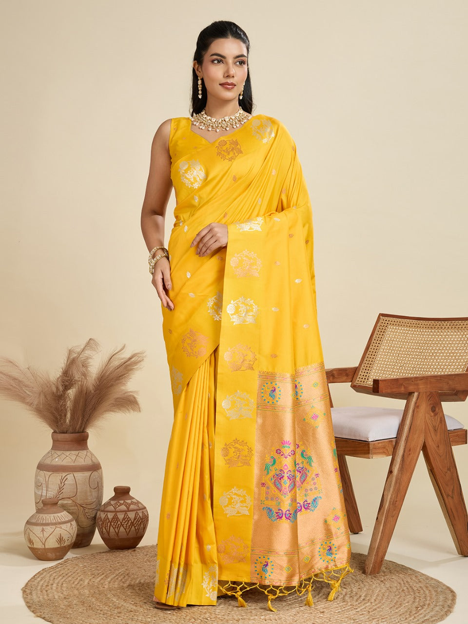 Yellow Kanjivaram Silk Saree With Zari Weaving Butta Border & Designer Rich Paithani Pallu