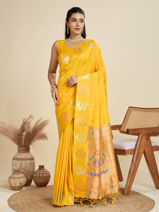 Yellow Kanjivaram Silk Saree With Zari Weaving Butta Border & Designer Rich Paithani Pallu