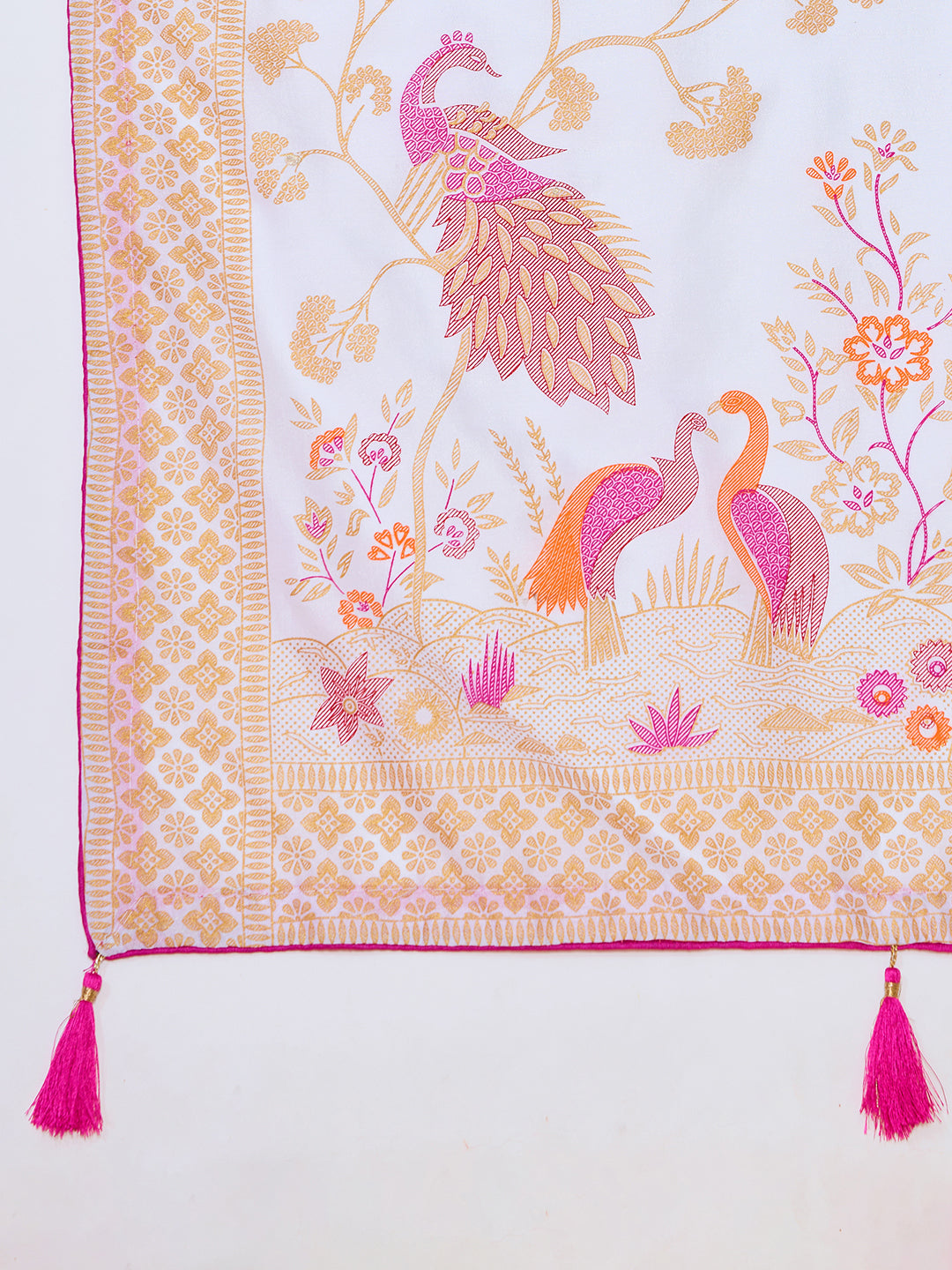 White Cotton Saree With Table Printed And Foil Work With Pipeing Border