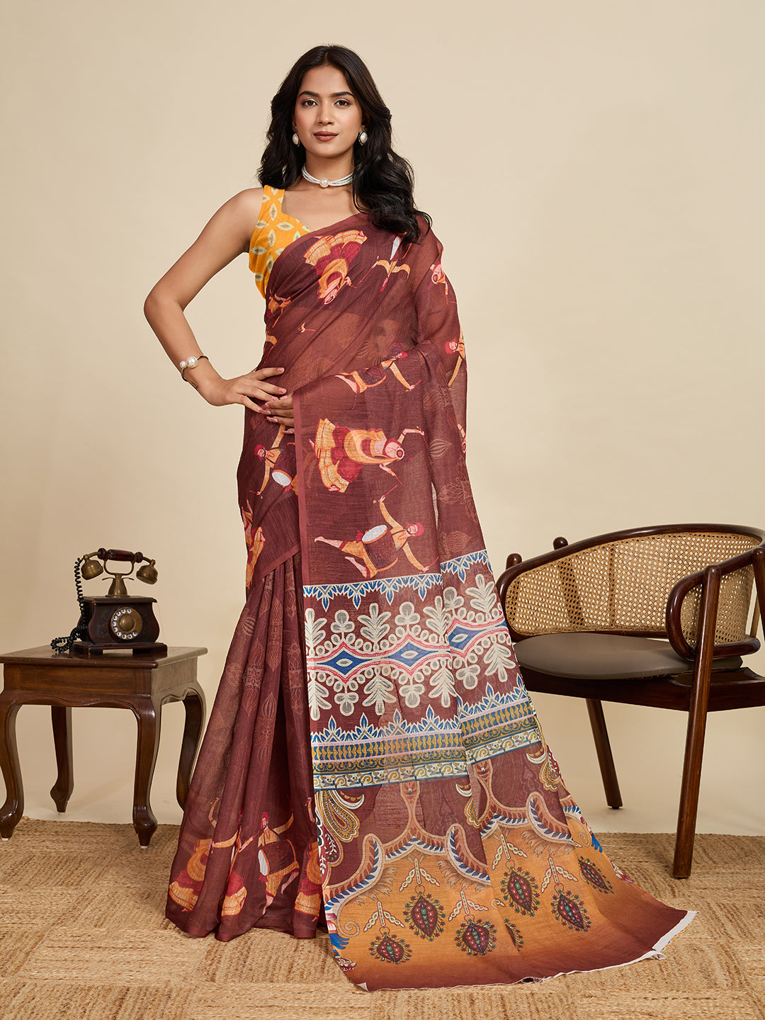 Maroon Linen Cotton Saree With Digital Printed Work And Silver Zari Border