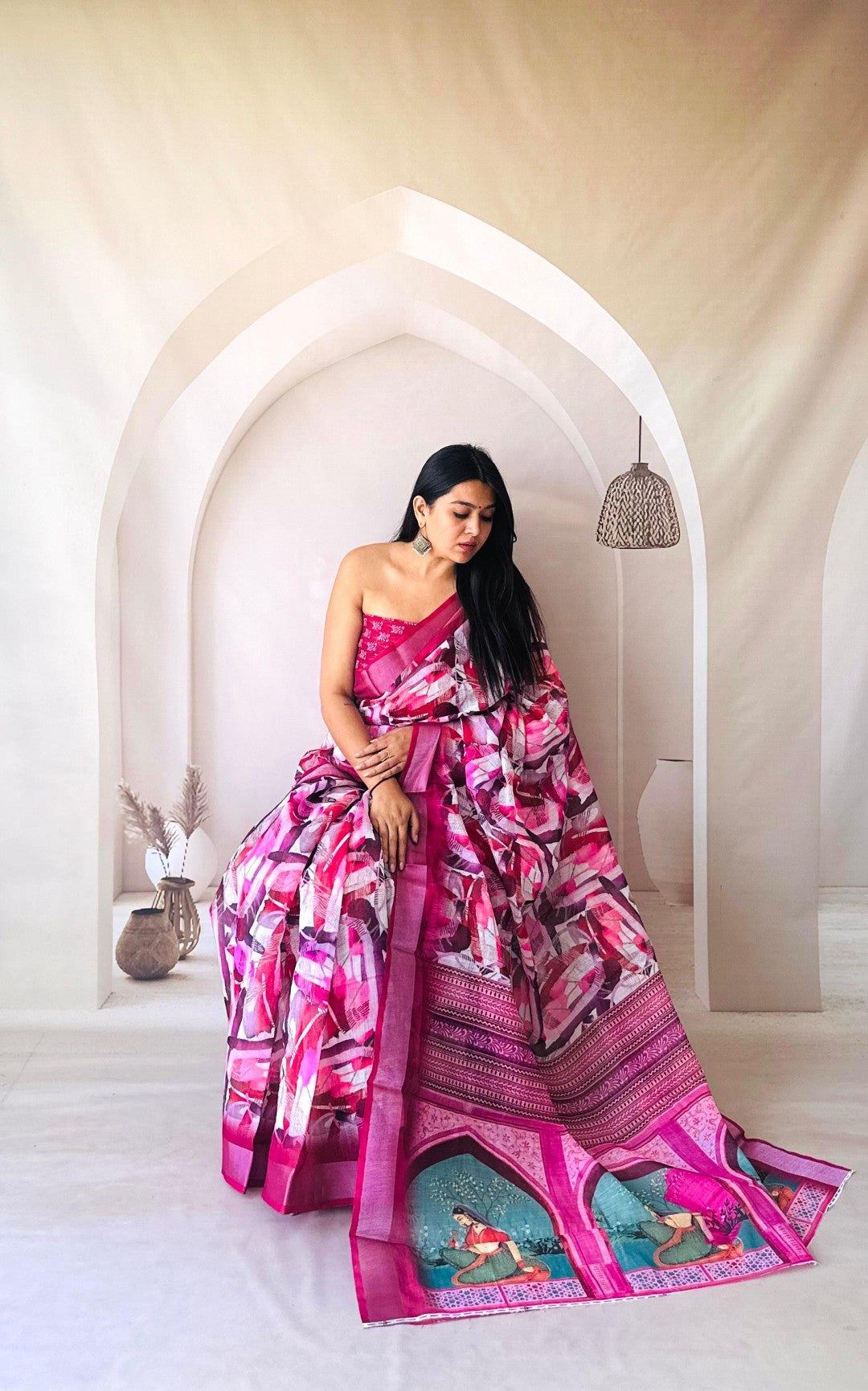 Pink Digital Printed Flowy Linen Cotton Saree With Madhubani Printed Pallu