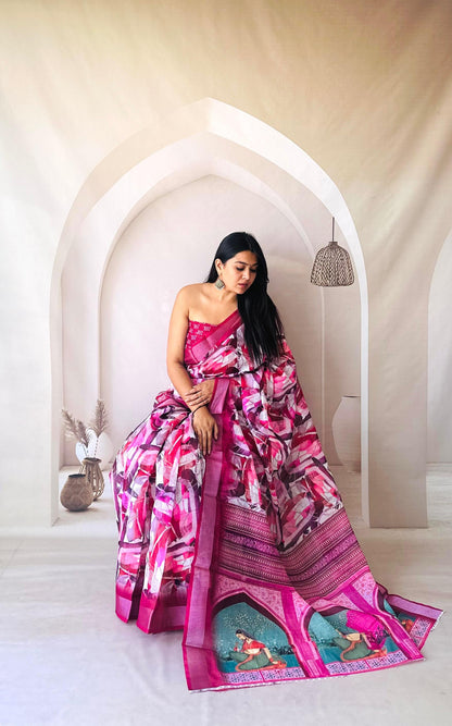 Pink Digital Printed Flowy Linen Cotton Saree With Madhubani Printed Pallu