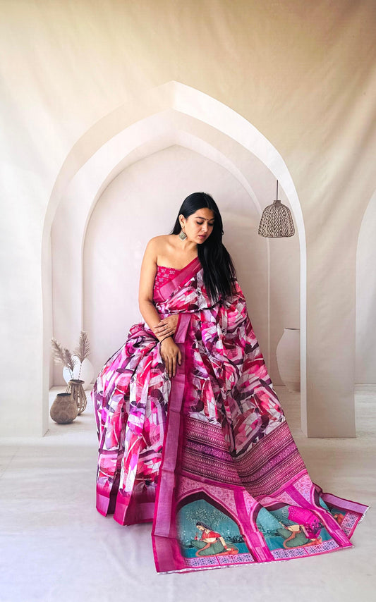 Pink Digital Printed Flowy Linen Cotton Saree With Madhubani Printed Pallu