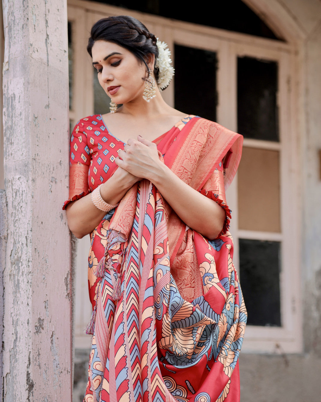Red Digital Kalamkari Printed Tussar Silk Saree With Zari Motif Border