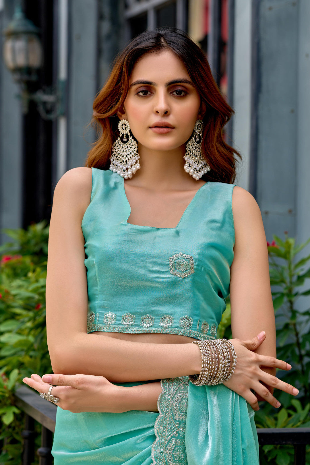 Sea Green Fancy Shimmer Chiffon Saree With Embroidery Work