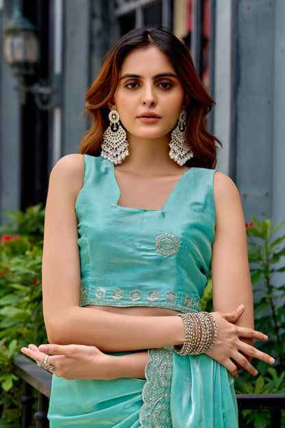 Sea Green Fancy Shimmer Chiffon Saree With Embroidery Work