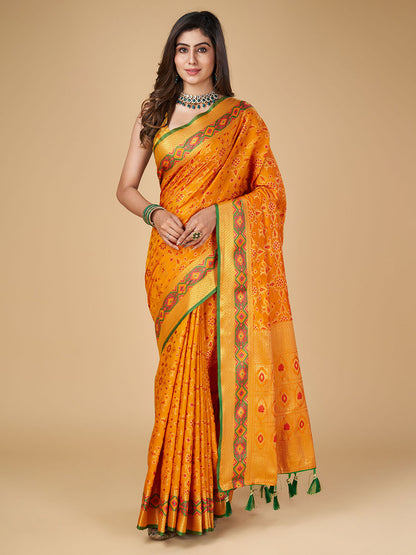 Mustard Yellow Color Patola Silk Saree With Zari Weaving Work