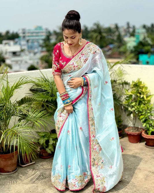 Sky Blue Jimmy Choo Saree With Embroidery And Sequence Work With Piping Border