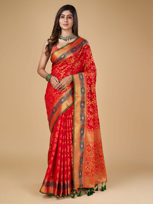 Red Color Patola Silk Saree With Zari Weaving Work