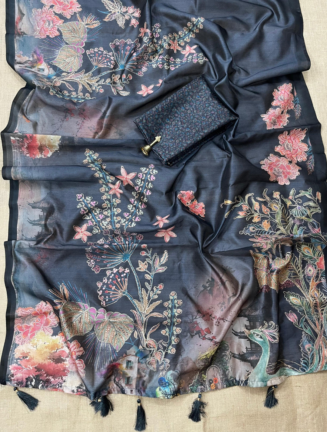 Black Kalamkari Printed Premium Tussar Silk Saree