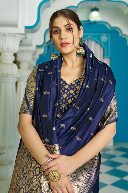 Navy Blue Banarasi Silk Blend Zari Woven Work