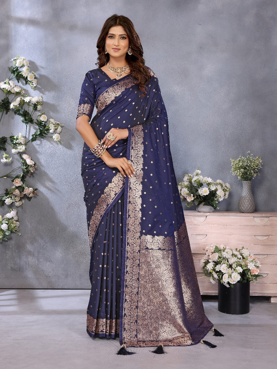 Navy Blue Traditional Banarasi Silk Saree With Zari Weaving Work