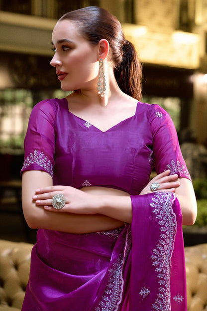 Magenta Fancy Shimmer Chiffon Saree With Embroidery Work