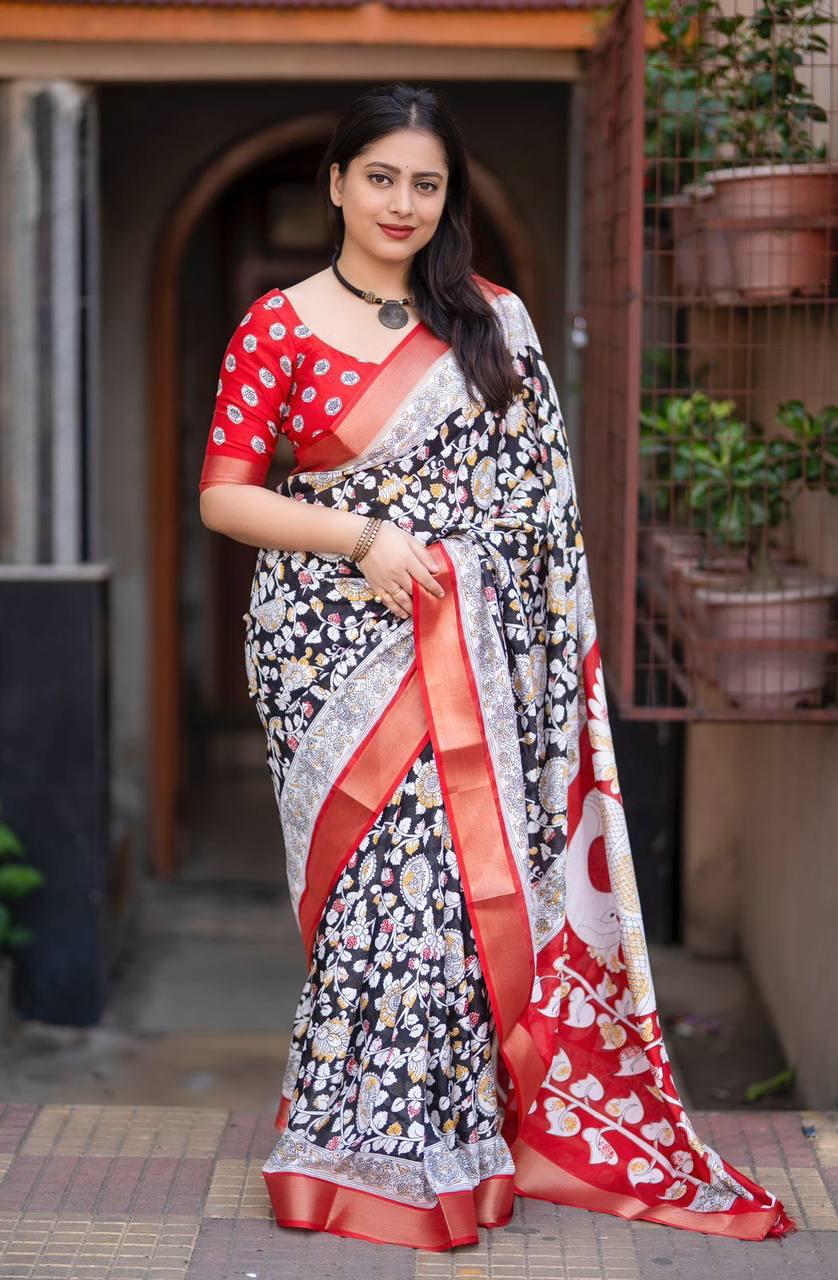 Black Soft Linen Cotton Saree With Kalamkari Printed Work