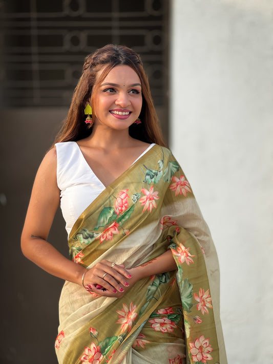Mahendi Green Pichwai Printed Chanderi Cotton Saree