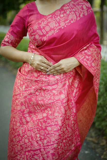 Pink Handloom Raw Silk Saree With Contrast Weaving Work