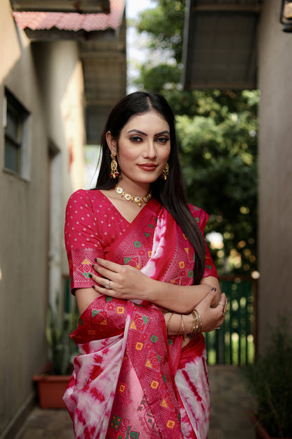 Rani Pink Color Dola Silk Saree With Shibori Printed Work