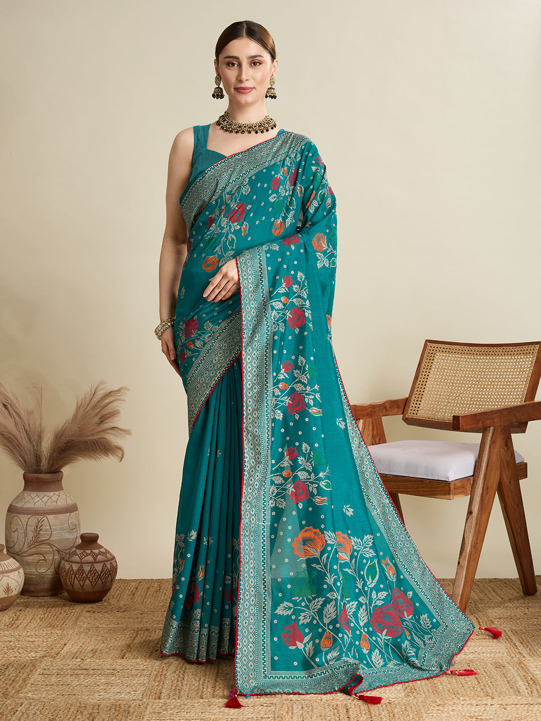 Rama Green Cotton Saree With Table Printed And Foil Work With Pipeing Border