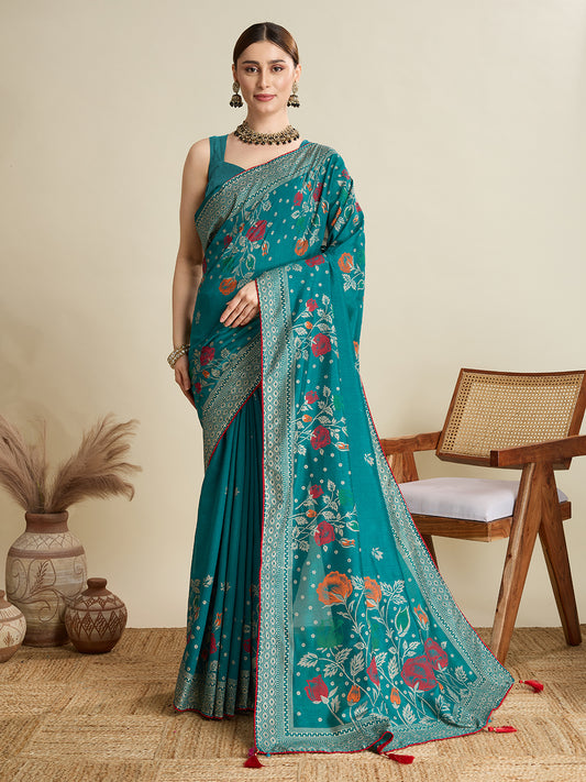 Rama Green Cotton Saree With Table Printed And Foil Work With Pipeing Border