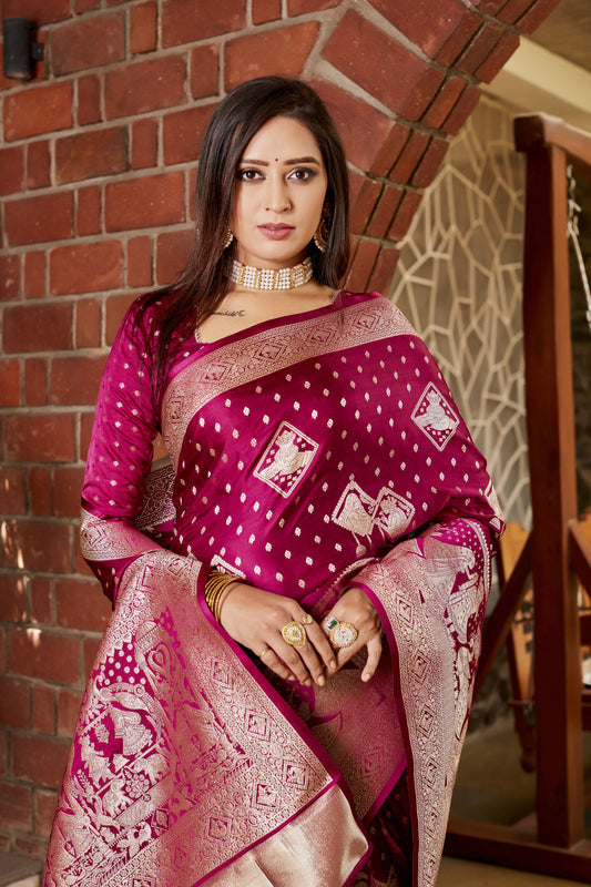 Wine Kanjivaram Satin Silk Saree With Zari Weaving Butta & Rich Designer Pallu