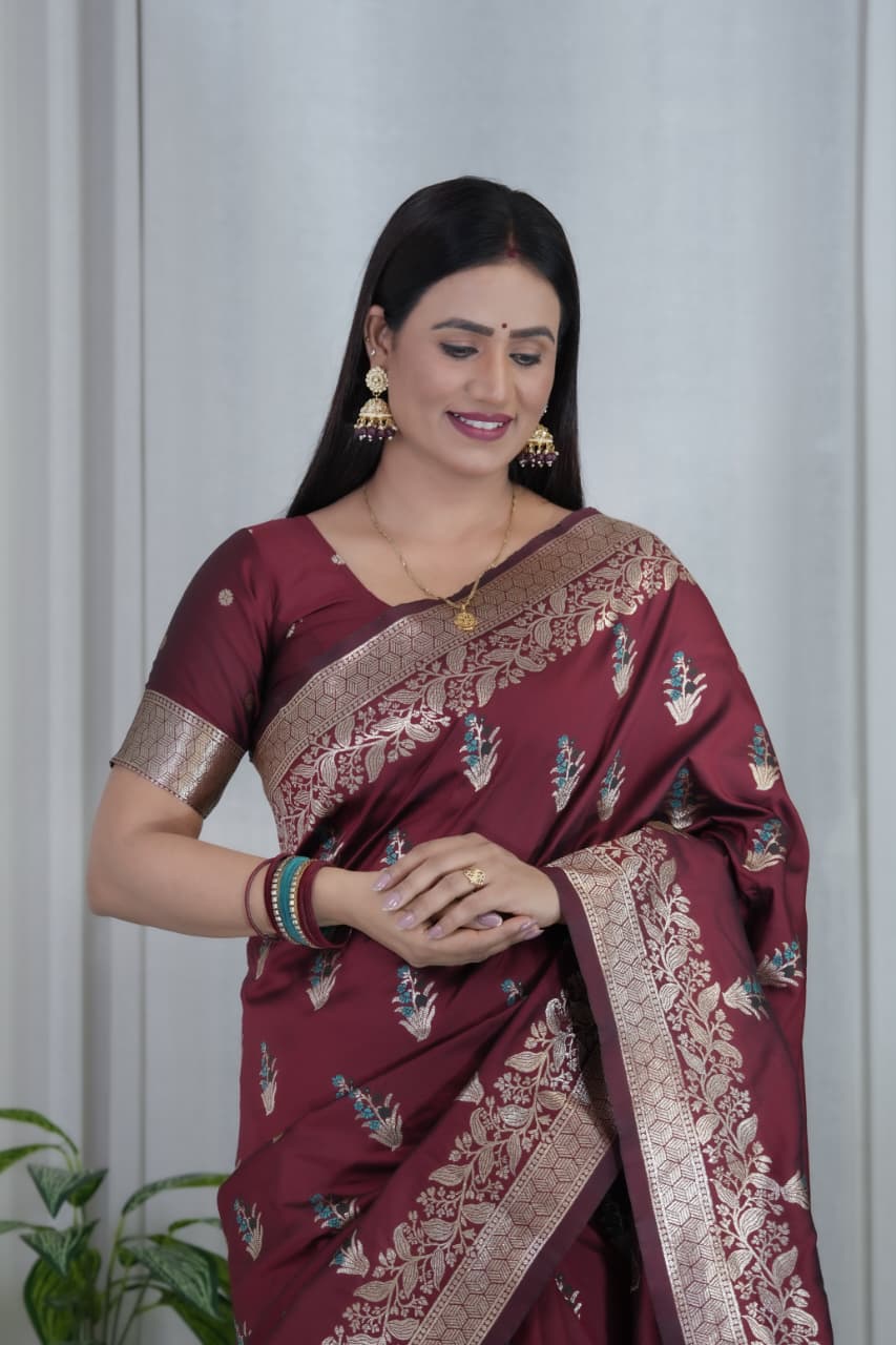 Wine Pure Soft Banarasi Saree With Meenakari Weaving Work