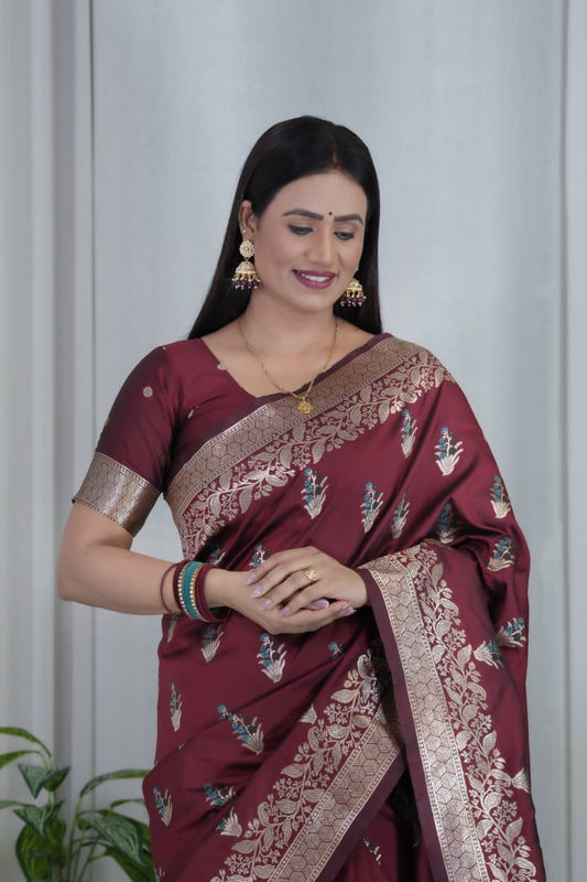 Wine Pure Soft Banarasi Saree With Meenakari Weaving Work