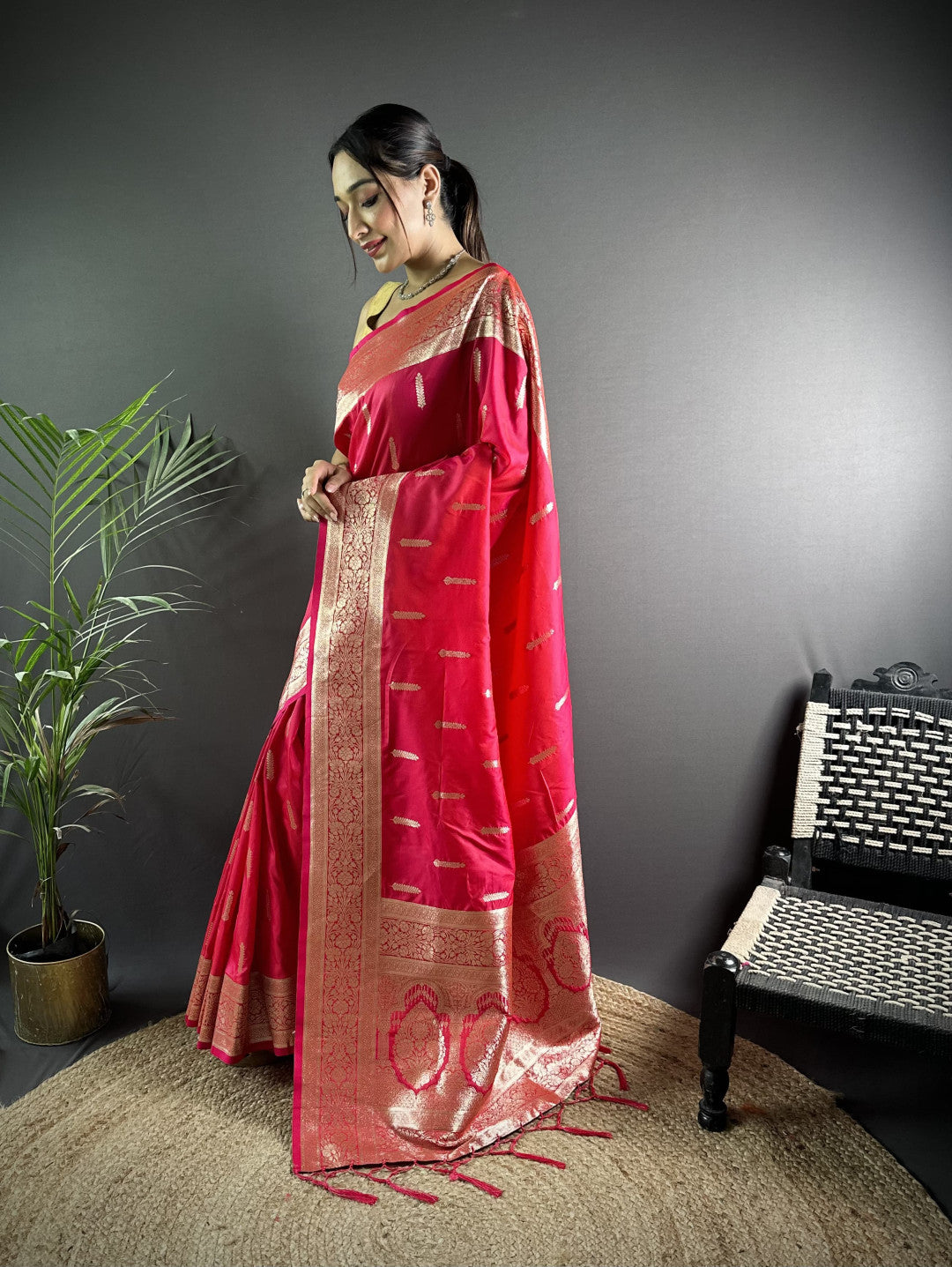 Rani Pink Soft Banarasi Silk Saree With Zari Weaving Work