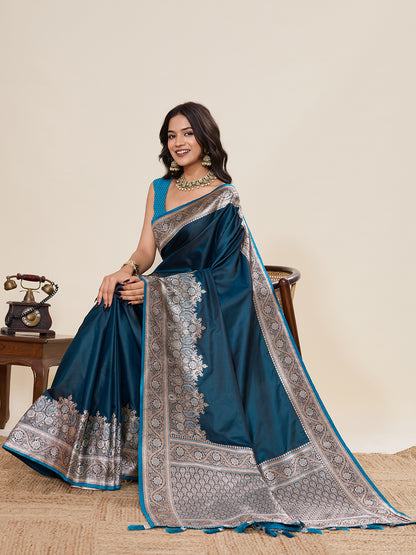 Firoji Soft Satin Silk Saree With Gala Border And Zari Weaving Work
