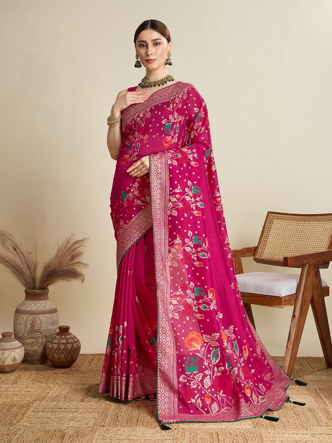 Pink Cotton Saree With Table Printed And Foil Work With Pipeing Border