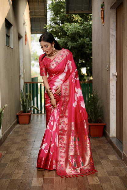 Rani Pink Color Soft Dola Silk Saree With Shibori Print & Zari Weaving Work