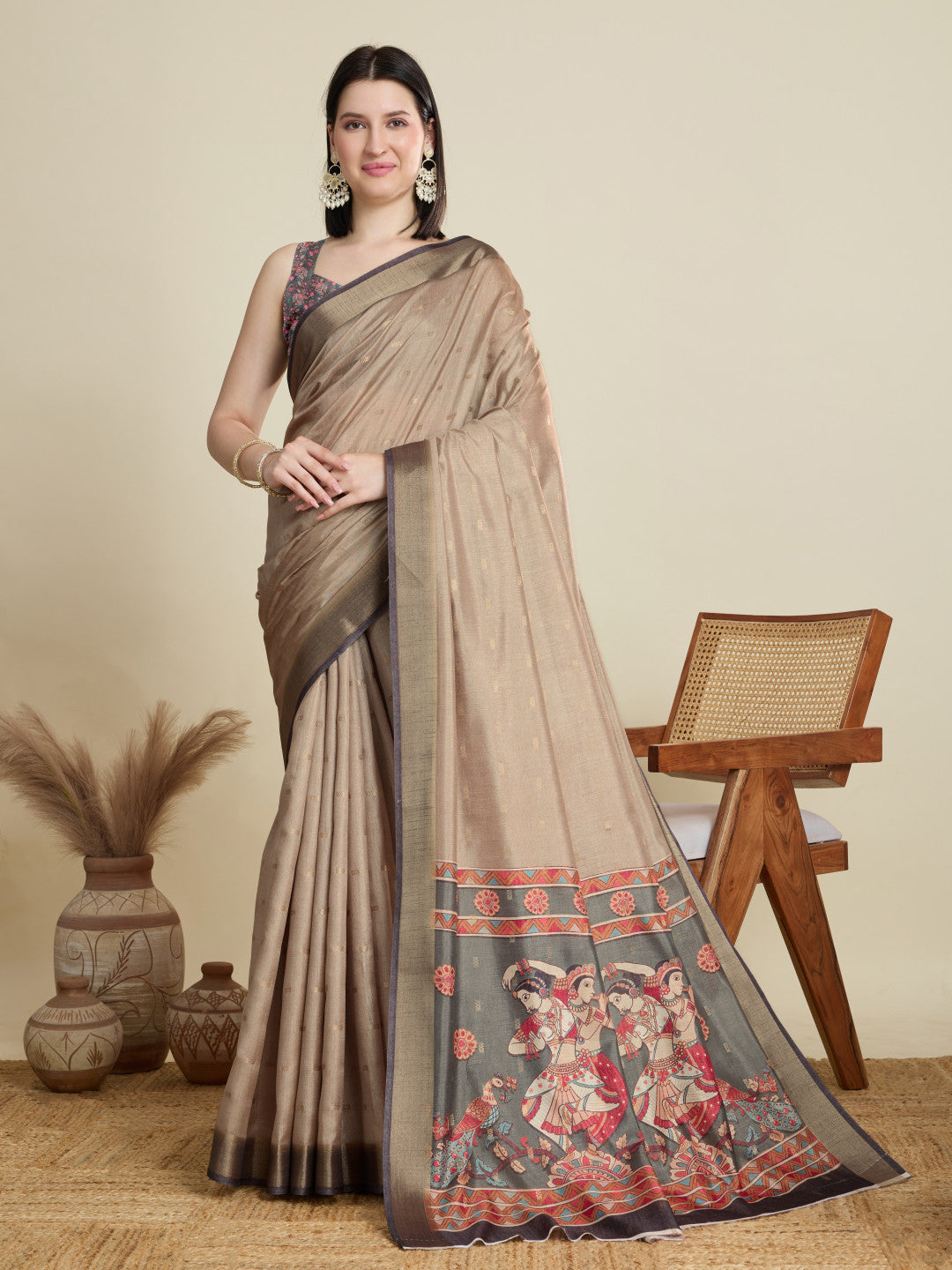 Beige Soft Cotton Saree With Kalamkari Digital Printed Pallu & Zari Border