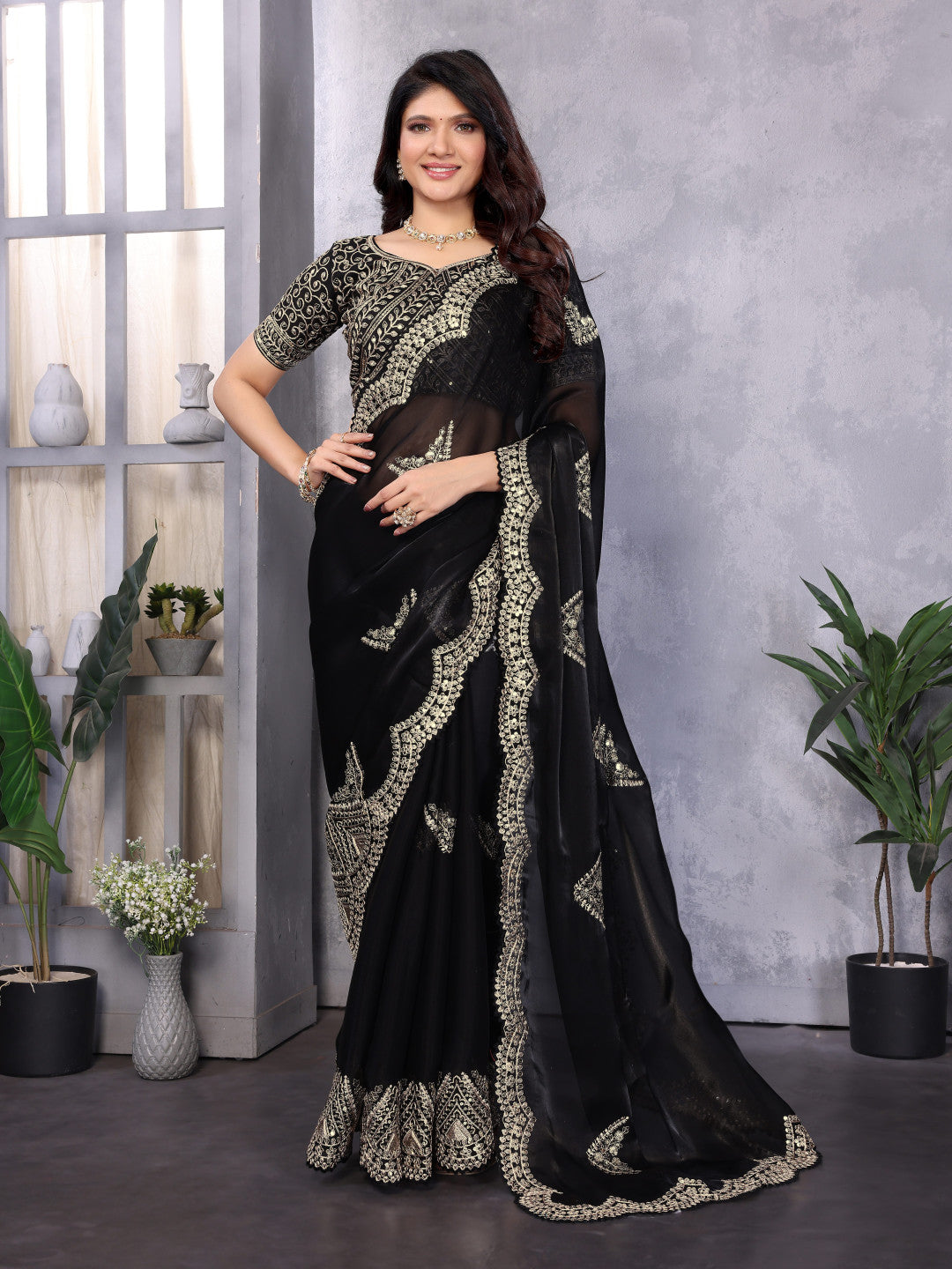 Black Fancy Shimmer Chiffon Saree With Embroidery Work