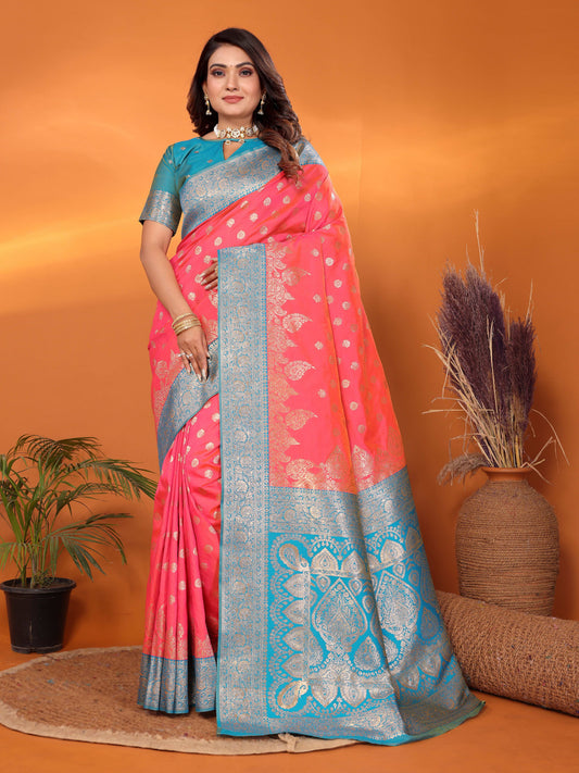 Peach Traditional Banarasi Silk Saree With Zari Weaving Work