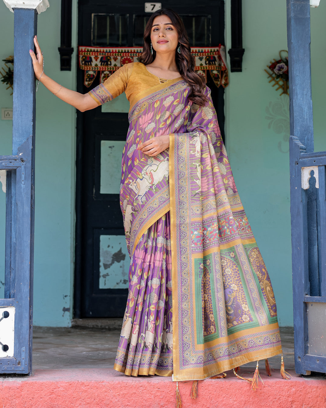 Kalamkari Digital Printed Linen Cotton Saree
