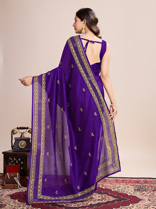 Fancy Purple Soft Vichitra Silk Saree With Embroidery Work
