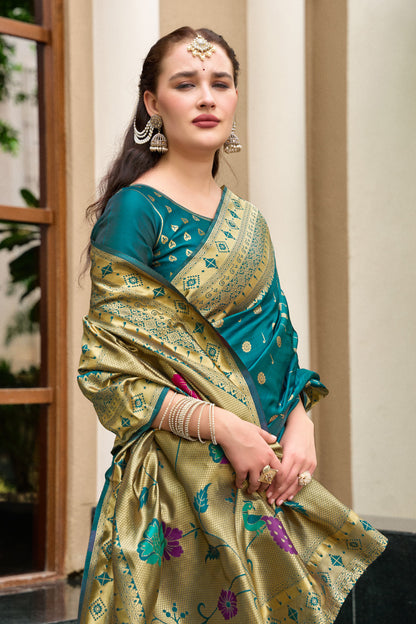Traditional Morpeach Paithani Silk Saree With Zari Weaving Work