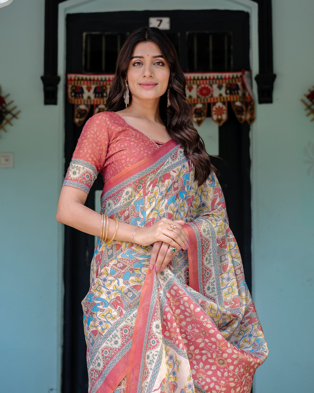 Kalamkari Digital Printed Linen Cotton Saree