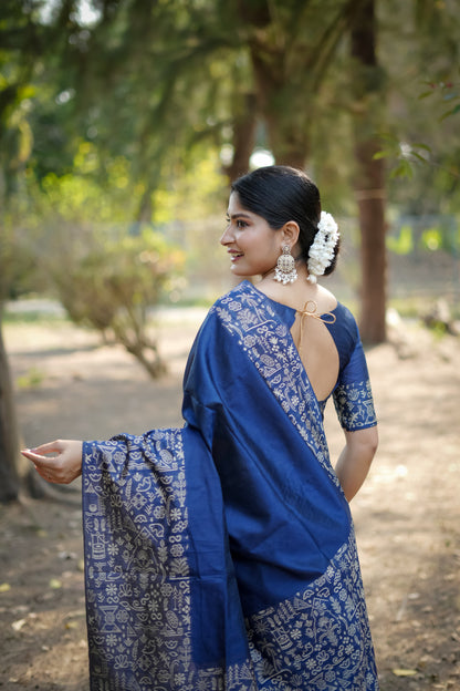 Navy Blue Handloom Raw Silk Saree With Contrast Weaving Work
