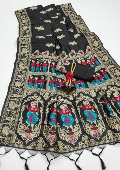 Black Traditional Handloom Raw Silk Saree With Woven Design