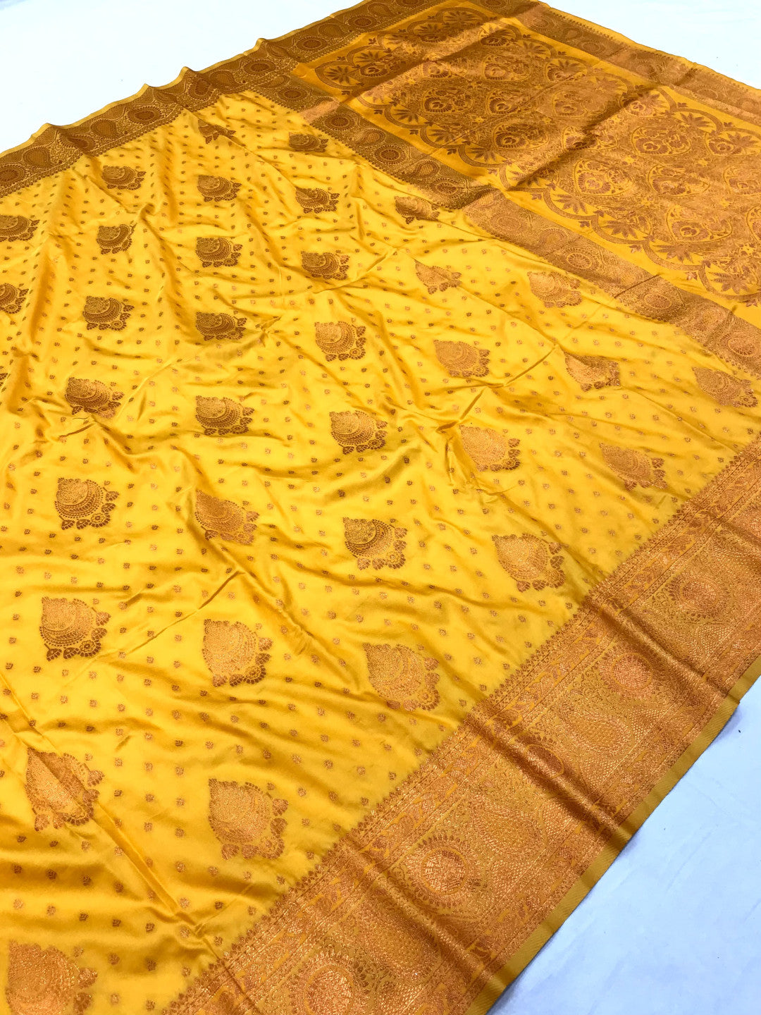 Yellow Elegant Banarasi Silk Saree With Copper Zari Woven Work