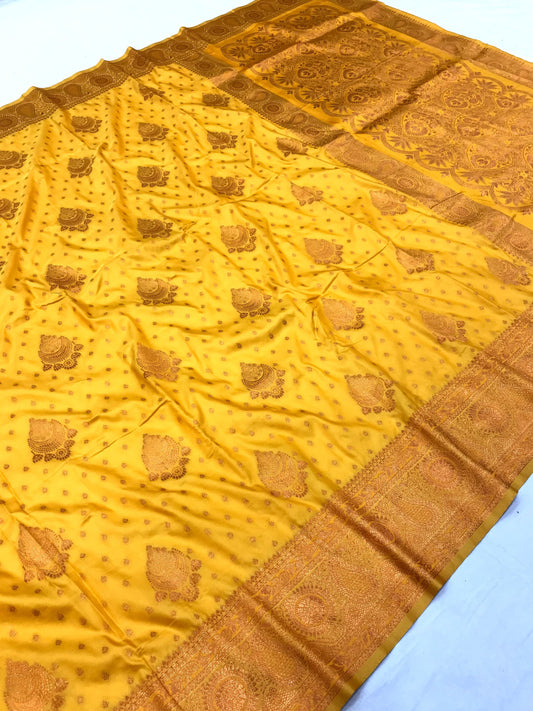 Yellow Elegant Banarasi Silk Saree With Copper Zari Woven Work