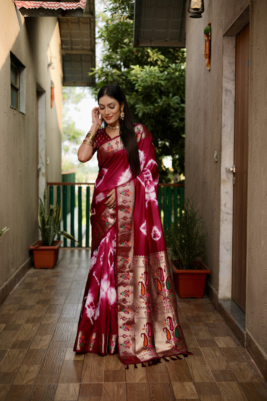 Magenta Color Soft Dola Silk Saree With Shibori Print & Zari Weaving Work